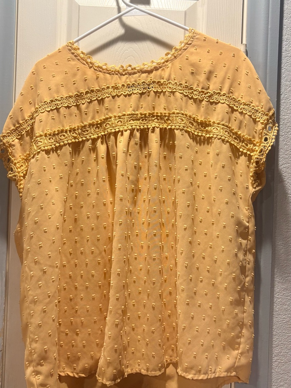 Yellow Textured Crochet-Trim Casual Women's Top